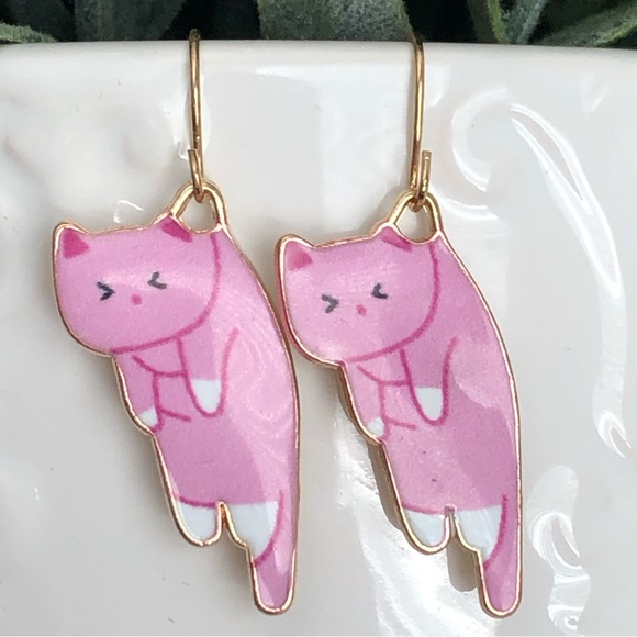 New Pink Kitten Cat Dangle Drop Earrings Cute Fun Pet Lover Gift Cartoon Animals - Picture 2 of 6